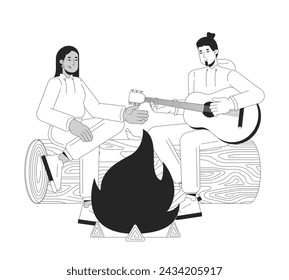 Campfire playing guitar friends black and white 2D line cartoon characters. Diverse boyfriend girlfriend bonfire isolated vector outline people. Leisure camp monochromatic flat spot illustration