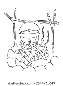 Campfire with pot hanging on wooden structure and burning logs hand drawn in doodle style. Concept of outdoor cooking, wilderness survival and rustic camping life