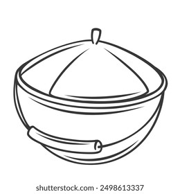 Campfire pot line icon. Hand drawn retro iron cauldron with lid and handle for cooking over fire. Camping, adventure, picnic food mascot, outline pot for hot boiling soup icon vector illustration