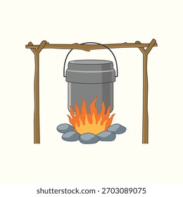 Fogueira com panela. Ilustração vetorial
