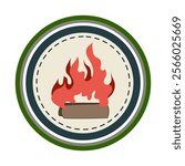 campfire retro bonfire badge cartoon. emblem patch, nostalgia outdoors, scout adventure campfire retro bonfire badge sign. isolated symbol vector illustration