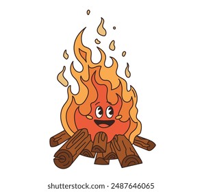 Campfire retro groovy travel character, camp fire and tourism personage. Isolated vector funny burning flames with logs, and cheerful smiling face, symbolizes outdoor adventures, warmth and gathering