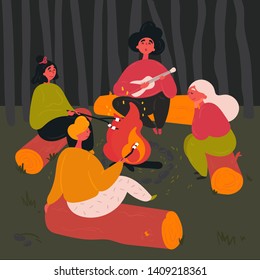 Campfire. Scout friends sing, bake marshmallows together. Group of young people camping near the bonfire. Guitar songs, are you afraid of the dark stories and food. Vector flat illustration