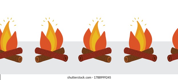 Campfire seamless vector border. Wood campfire pattern. Outdoor bonfire, fire burning wooden logs, camping fireplace. Firewood flames, bonfire flame. Cartoon vector illustration isolated symbols 