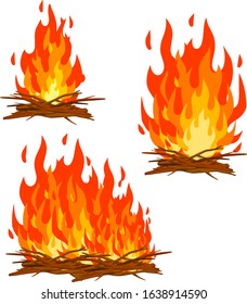 Campfire set of branches, sticks and wood. Fire danger. Cartoon flat illustration. Hot flame 