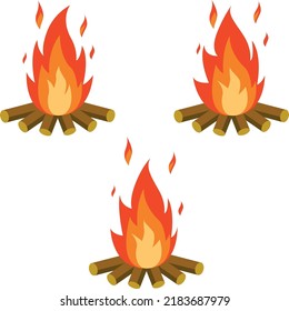 Campfire with several types of fire for flame animation isolated on white