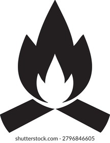 Campfire silhouette icon fire flame wood logs outdoors.
