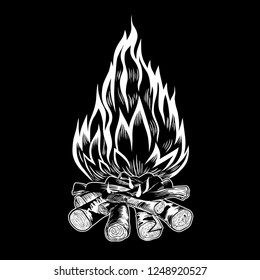 
  Campfire Sketch.Vector Vintage Illustration On Black Background. Engraved Design Element.