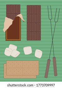 Campfire Snack Ingredients Laid Out on a Green Striped Background - Vector Illustration - Food Knolling