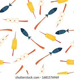 Campfire snacks seamless vector pattern. Repeating background with hand drawn corn on a cob, fish on a stick, roasted marshmallows. Camping food illustration. 