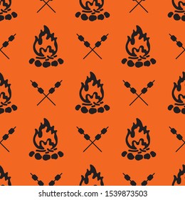 Campfire and stick with marshmallow. Vector illustration. Seamless pattern for banner, wallpaper, wrapping paper or fabric.