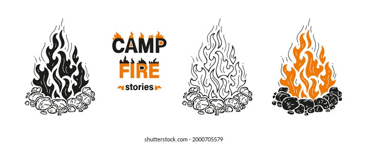 Campfire Stories. Bonfire Fenced with Stones. Fire Flame and Stone Border. Vector Set of Outline and Silhouettes Drawing