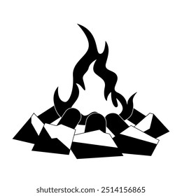 Uma fogueira cercada por rochas isoladas em um fundo branco, estilo monocromático, acampamento de arte ilustração vetor
