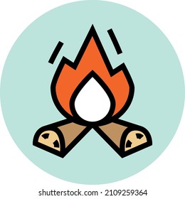 Campfire symbol in circle. Firewood in flame icon. Camp logo