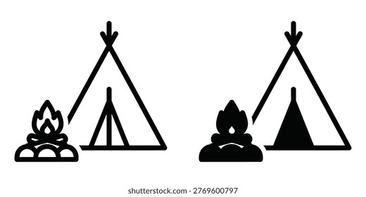 Campfire and teepees under a starry night sky with a silhouette of a person by the fire Vector Camping Icons