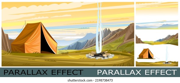 Campfire tent in mountains. Sunset, sunrise. Clouds, rocks and hills. Tourism. Far horizon travel. Nature landscape illustration . Image from layers for overlay with parallax effect. Vector.