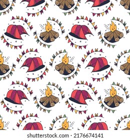 Campfire and Tent. Seamless pattern on a white background. Cute vector illustration.