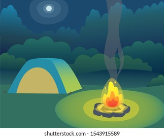 Campfire with a tent vector illustration