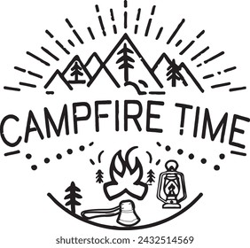 Campfire Time vector graphic badge shaped t-shirt print design, camping in the woods, 1 color logo