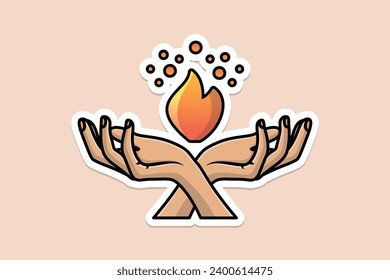 Campfire in Two Hands Sticker design vector illustration. Holy spirit and energy icon concept. Creative hand and fire sticker design icon logo.