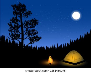 campfire under the moon flat night vector wallpaper
