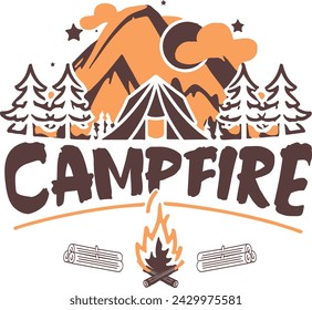 Campfire vector graphic badge shaped t-shirt print design, camping in the mountains at night, 2 color logo, apparel print design.