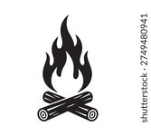 Campfire vector icon, black and white bonfire silhouette on crossed wooden logs.