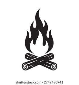 Campfire vector icon, black and white bonfire silhouette on crossed wooden logs.