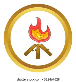 Campfire vector icon in golden circle, cartoon style isolated on white background