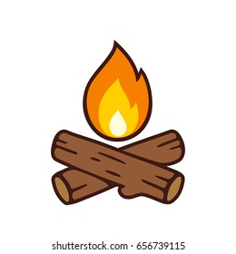 Campfire vector icon illustration isolated on white. Crossed logs and fire flame in cartoon style.