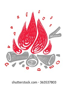 Campfire vector Illustration - red fire flames on grey wooden logs. Fireplace as symbol of hiking tourism, wild nature, adventure. Cartoon fire with firewood on white background.