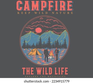 Campfire vector t-shirt design. Mountain with tree retro vintage print design. Adventure at the mountain graphic artwork. 