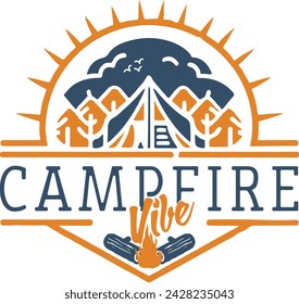 Campfire Vibe vector graphic badge shaped t-shirt print design, camping in the woods, 2 color logo