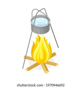 Campfire with Water Boiling in Cooking Pot Isometric Vector Illustration