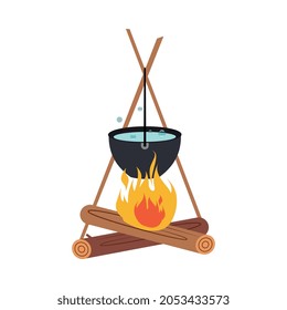 Campfire with Water Boiling in Cooking Pot Vector Illustration