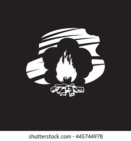 Campfire white icon, silhouette and vector logo on black background. Flat isolated element. Object nature sign and symbol