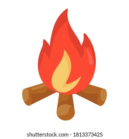 Campfire, wood logs with fire flame icon in flat design. 