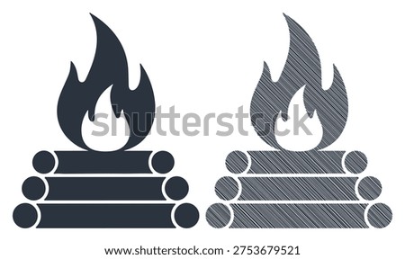 Campfire wood logs with flame icon, outdoor survival symbol, burning firewood design set