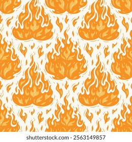 Campfire. Yellow Fire Flame. Seamless Pattern of Bonfire. Hand drawn Vector illustration