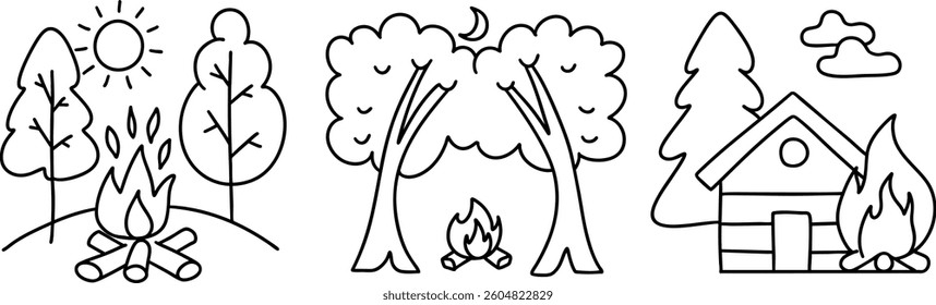 A campfireserene outdoor scene featuring campfire surrounded by trees, moonlit sky, and cozy cabin nearby evokes sense
