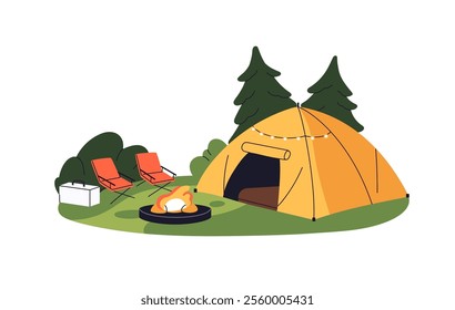 Campground with campfire, chairs and trekking tent in forest. Campsite with fire in woodland in summer. Camping during travel in nature, hiking journey. Flat isolated vector illustration on white