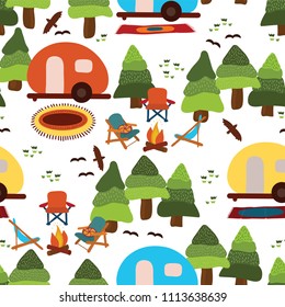 Campground - caravan, camping chairs, fire place, rugs, trees, birds. Seamless vector pattern.