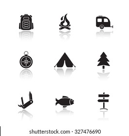 Campground Equipment Drop Shadow Icons Set. Outdoor Recreation Items. Black Cast Shadow Silhouette Camping Illustrations Isolated On White. Forest Picnic With Campfire. Vector Infographics Elements