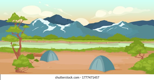 Campground flat color vector illustration. Wild river bank. Recreation in nature. Summertime active leisure. Hiking journey. Tents 2D cartoon landscape with rocky mountains on background