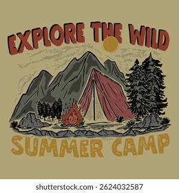 campground illustration graphic t shirt design sunrise badge camp fire vintage adventure outdoor retro style