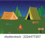 Campground illustration. View of the starry night sky. Quiet campsite at mitnight. Fit for articles or mass media.