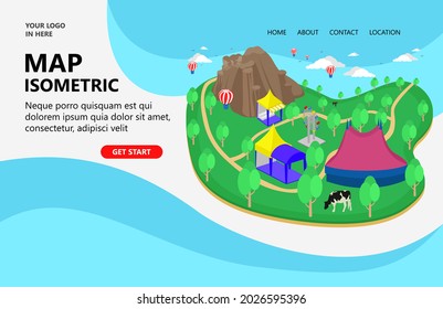 Campground map illustration. trees, camps, hot air balloons, roads, forests. suitable for landing pages, headers, flyers, banners, infographics and other graphic assets in an isometric vector style