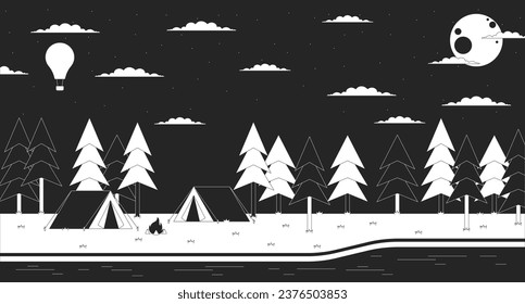 Campground nature at night outline 2D cartoon background. Full moon trees. Dark woods. River campsite linear aesthetic vector illustration. Camp nighttime flat wallpaper art, monochromatic lofi image