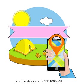Campground in nature. Outdoor activity. Hand with mobile phone and Navigator to find path with red point of route. Sports and recreation. Yellow tent. Summer season. Funny Cartoon illustration