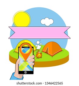 Campground in nature. Outdoor activity. Hand with mobile phone and Navigator to find path with red point of route. Sports and recreation. Yellow tent. Summer season. Funny Cartoon illustration
